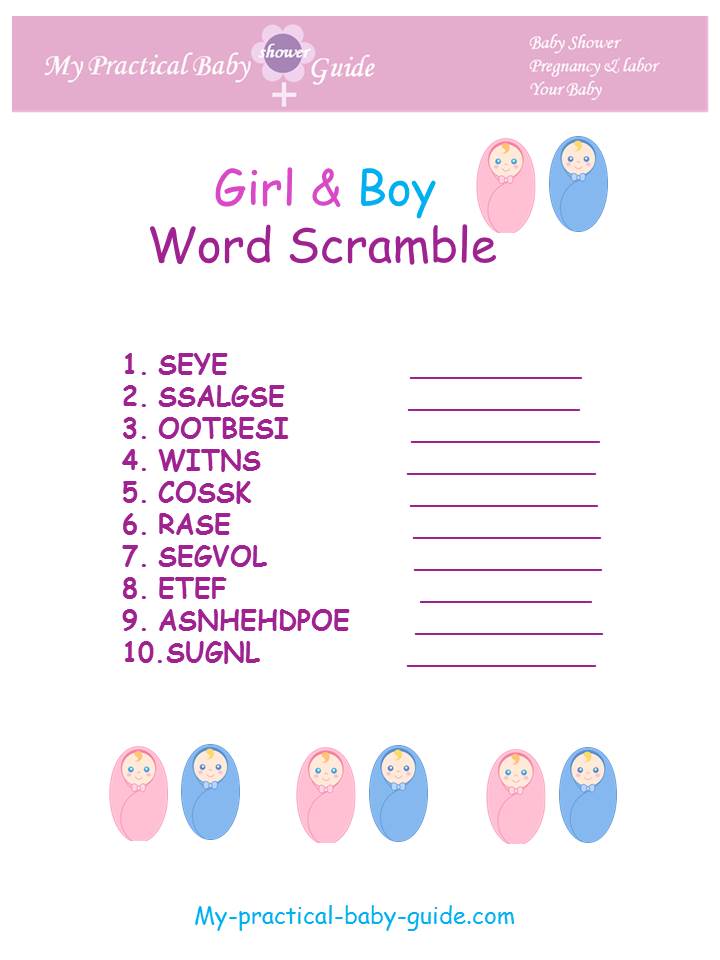 Free Printable Girl & Boy Twins Baby Shower Word Scramble