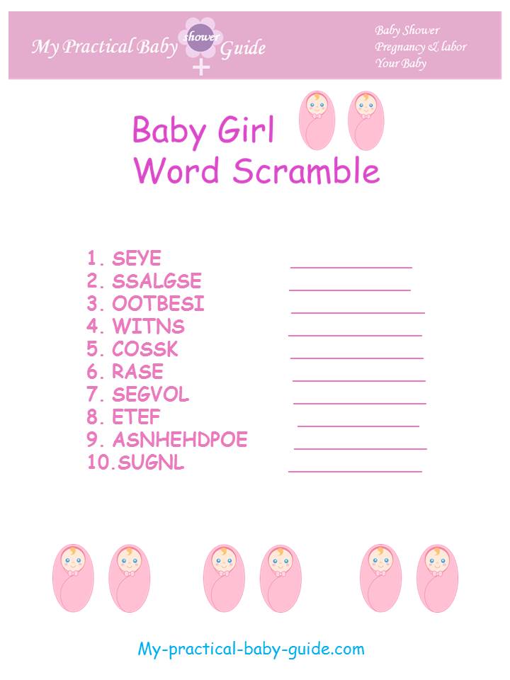 Free Printable Girl Twins Baby Shower Word Scramble