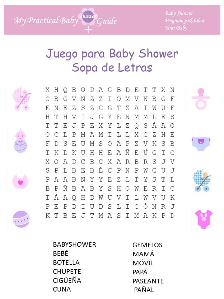 Juegos de baby shower para imprimir. Sopa de letras. Ordena