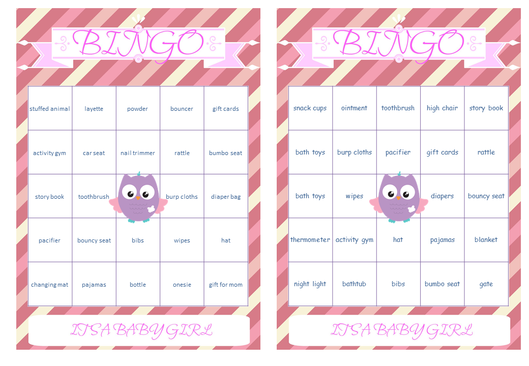 Bingo Cards prefilled with Baby Gift Words Owl Themed Baby Shower