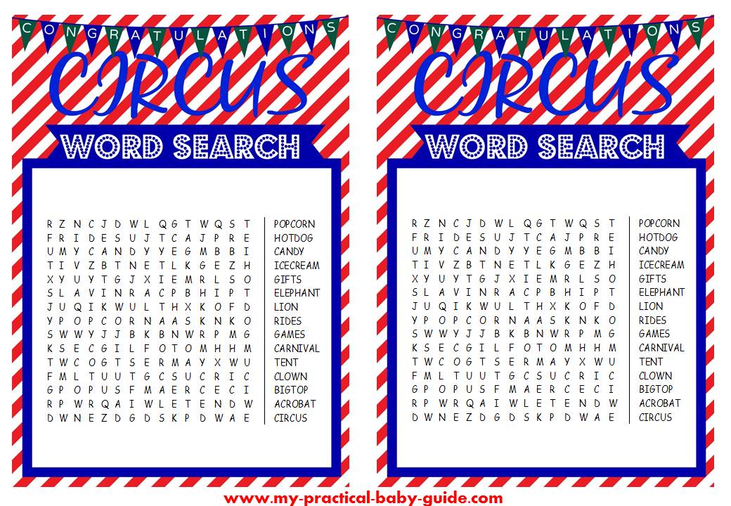 Free Circus Birthday Word Search Game Printable