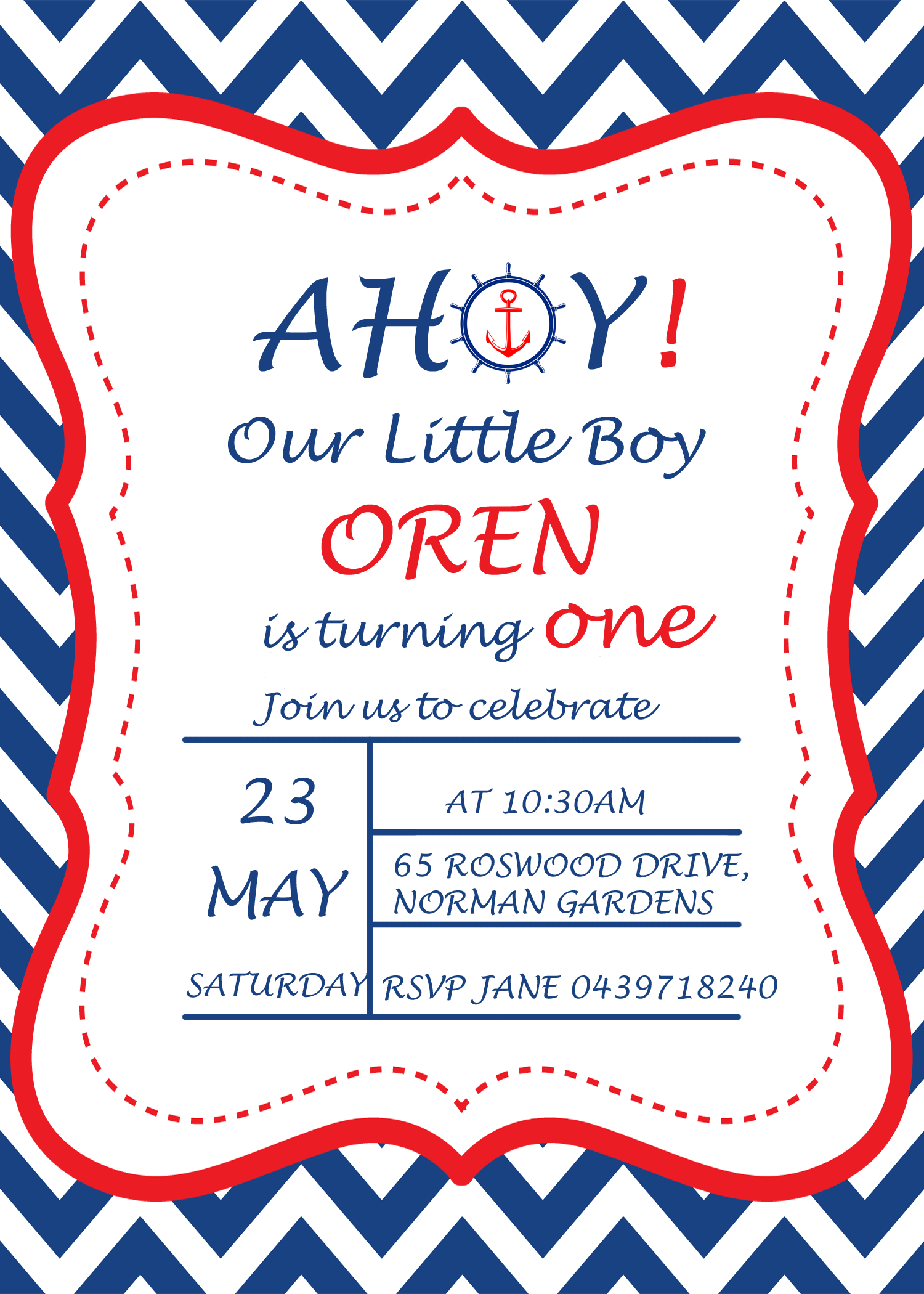 Navy Blue Pink Nautical Girl Birthday Invitation