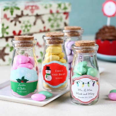 Personalized Holiday Vintage Milk Jars filled with Candies