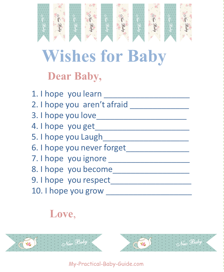 Free Printable Tea Party Baby Shower Wishes for Baby