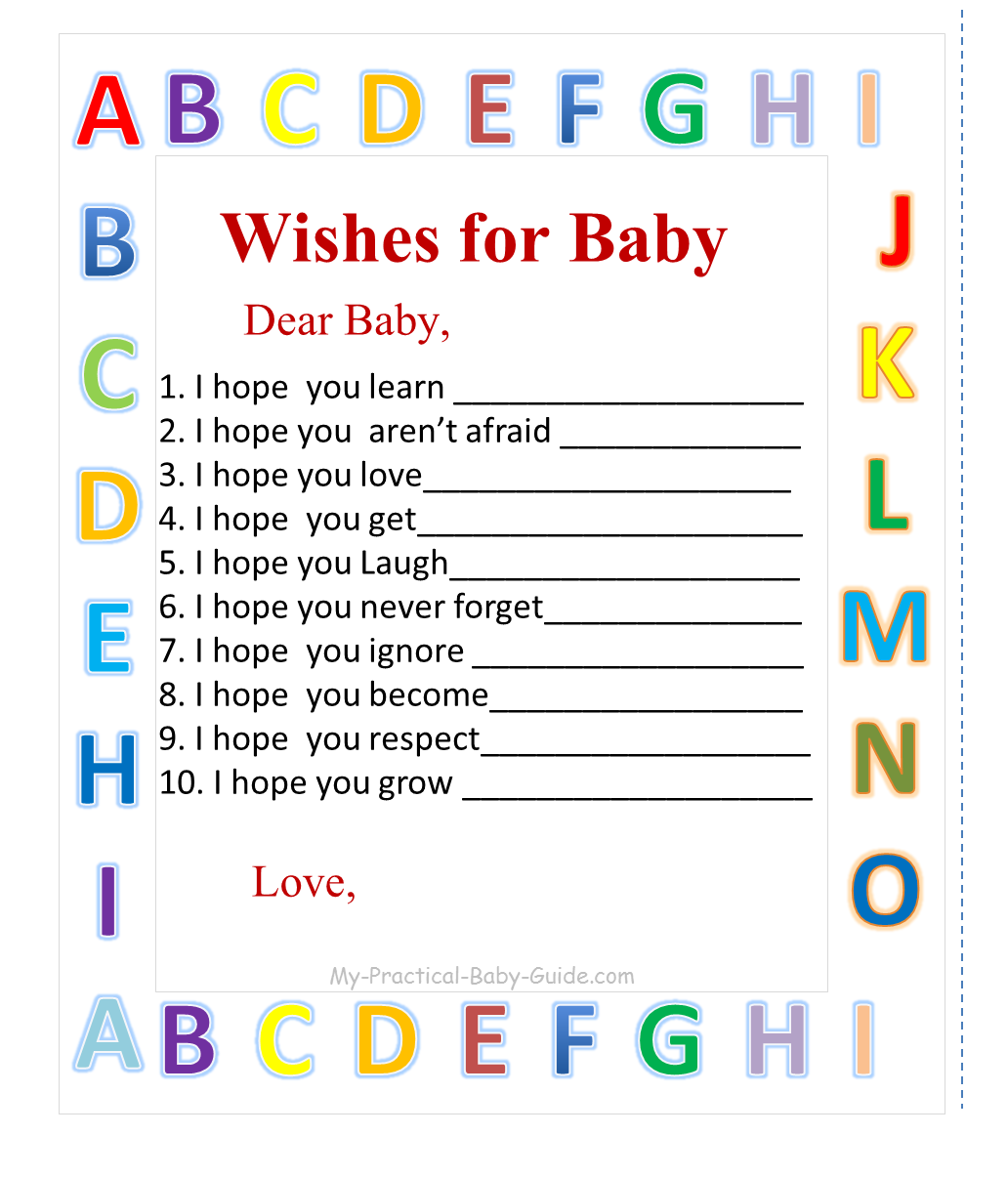 Free Printable Alphabet Baby Shower Wishes for Baby