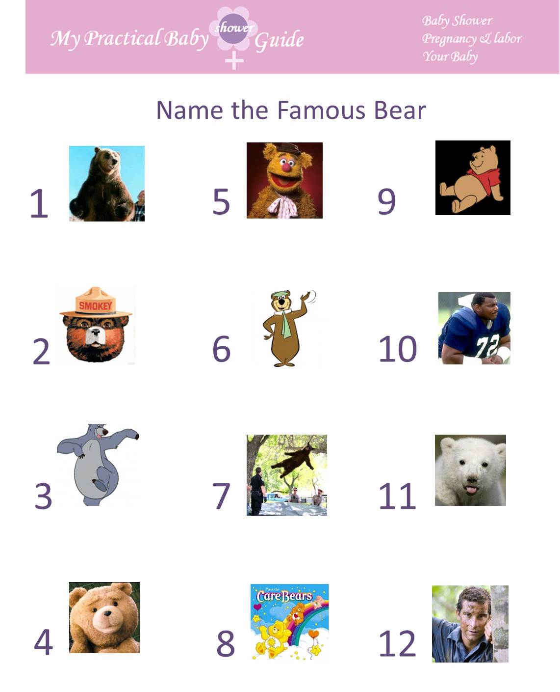 Free Printable Name the Famous Bear Baby Shower Game