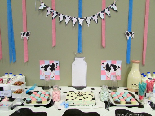 Moo Cow Gender Reveal Baby Shower Dessert Table