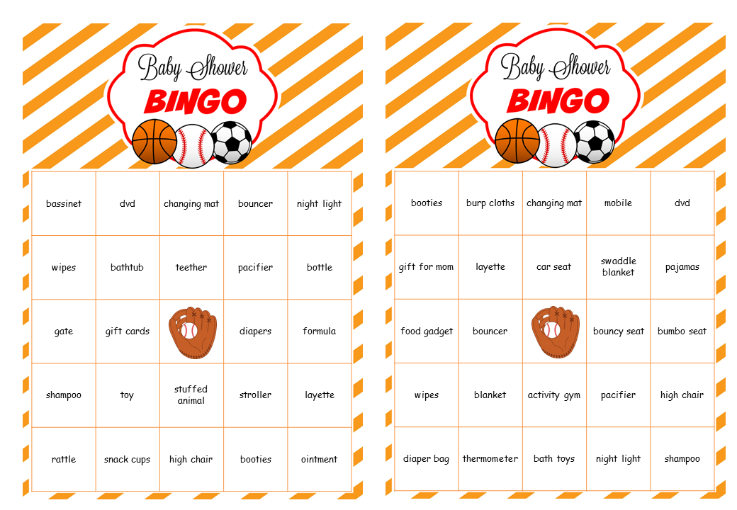 Sports Theme Baby Shower Bingo Cards prefilled with baby gifts related words.