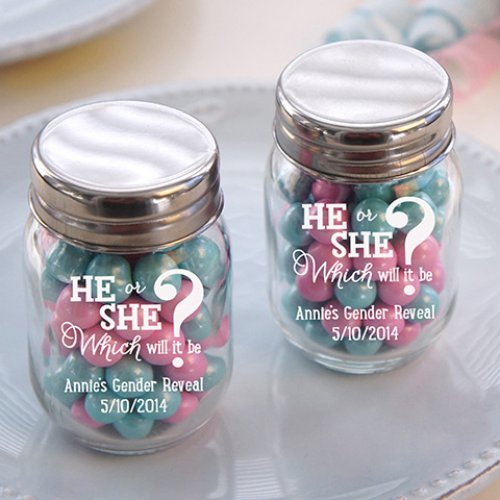 Gender Reveal Mason Jars Filled with Pink and Blue Candies