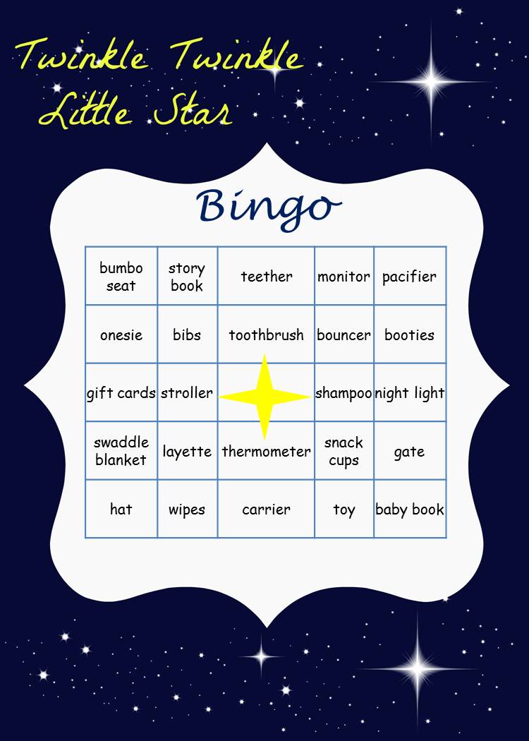 Twinkle Twinkle Baby Shower Bingo Cards Prefilled with Baby Gift Words