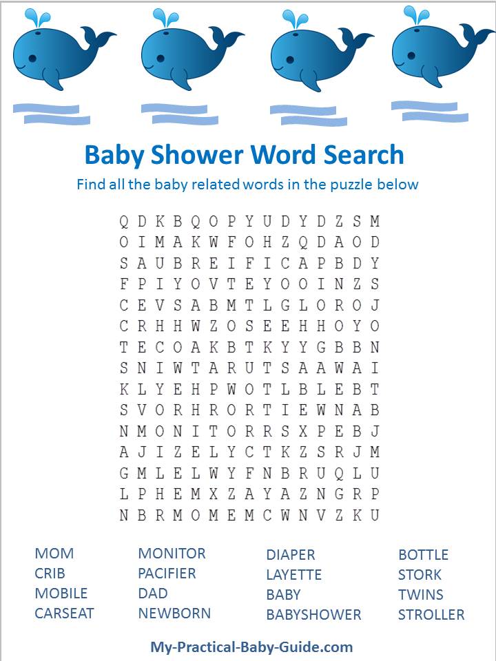 Whale Baby Shower Word Search
