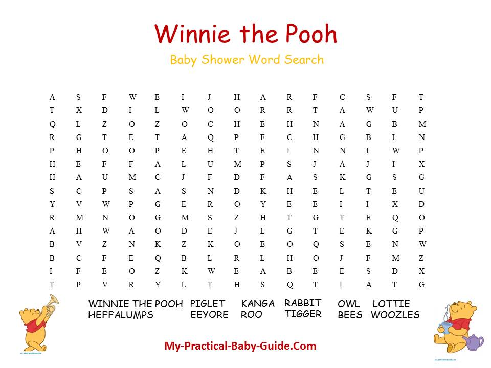 Winnie the Pooh Word Search Baby Shower Game