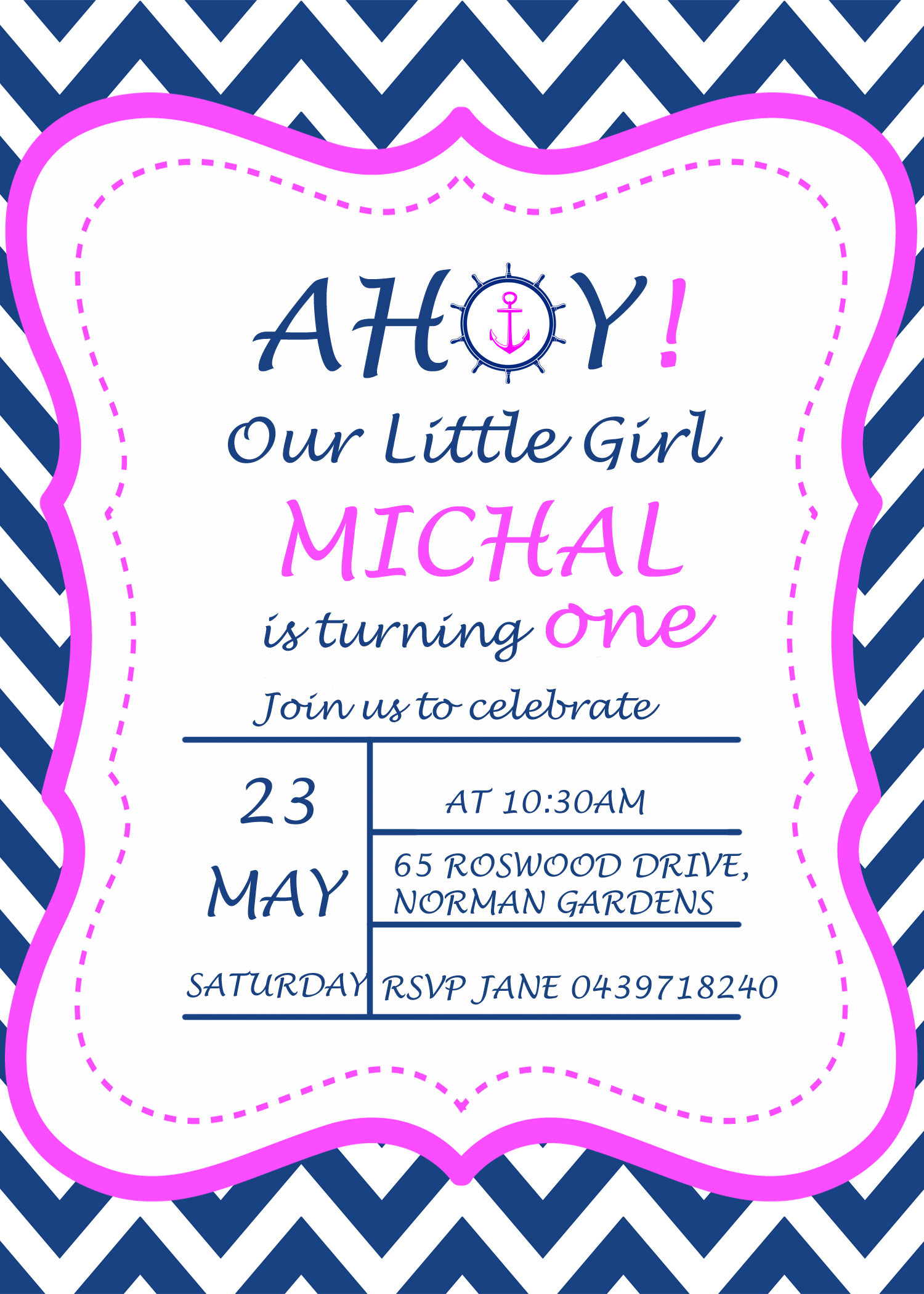 Navy Blue Pink Nautical Girl Birthday Invitation